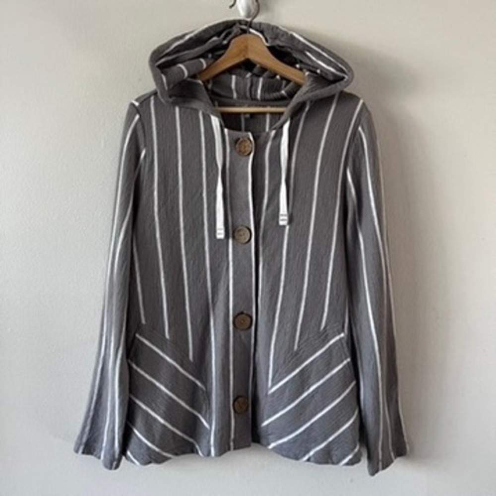 Habitat French Terry Stripe Hoodie Cotton Button‎ Front Sweatshirt size large - Picture 4 of 14